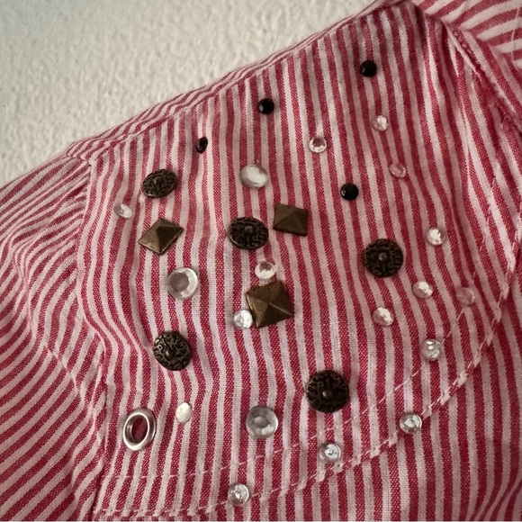 Cotton Button Poplin Collared Top Jewel Stud Gem Mixed Embellish Roll Tab Small - Picture 3 of 13